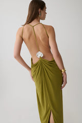 Bahari Low Back Halter Maxi Dress - Vintage Olive