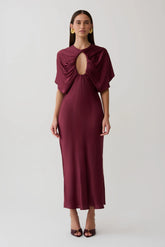 Mona Cut Out Satin Midi Dress - Burgundy