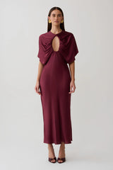 Mona Cut Out Satin Midi Dress - Burgundy