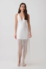 Abigail V Neck Fringe Maxi Dress - White