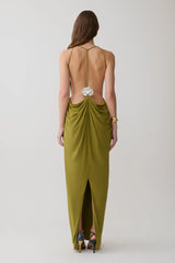 Bahari Low Back Halter Maxi Dress - Vintage Olive