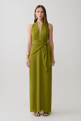 Gianna Satin Halter Maxi Dress - Olive