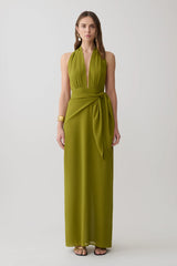Gianna Satin Halter Maxi Dress - Olive