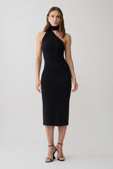 Jemma One Shoulder Tie Midi Dress - Black