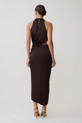 Aveline Draped Halter Midi Dress - Dark Chocolate