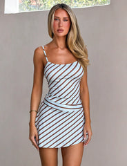 TAYVEN MINI DRESS - BROWN AND BLUE STRIPE