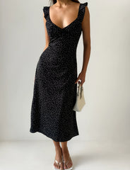 LOTTIE RUFFLE MIDI DRESS - BLACK POLKA