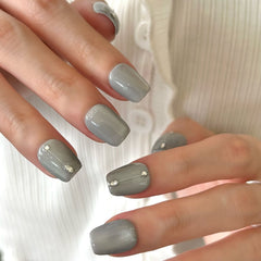 Minimalist Gray-Blue Cat Eye with Diamonds Press On Nails