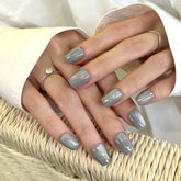Minimalist Gray-Blue Cat Eye with Diamonds Press On Nails