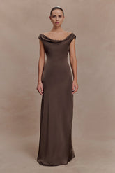 Ashley Cowl Neck Lace And Satin Maxi Dress - Mocha