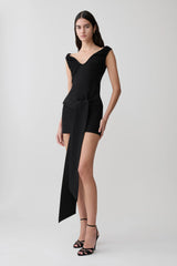 Runa Off Shoulder Mini Dress With Waist Tie - Black