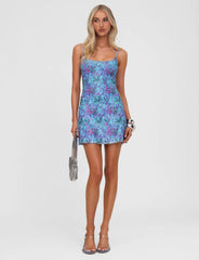 ZEINA MINI DRESS - BLUE FLORAL SEQUIN