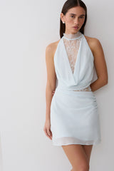 Arra Chiffon And Lace Halter Mini Dress - Ice Blue