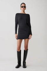 Thao Long Sleeve Gathered Mini Dress - Dark Charcoal