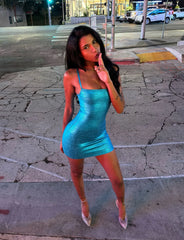 MIDORI METALLIC MINI BANDAGE DRESS - AQUA