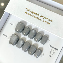 Minimalist Gray-Blue Cat Eye with Diamonds Press On Nails