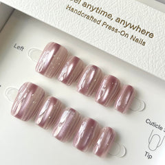 Pink Tears Cat Eye, Shiny Stripe Press On Nails