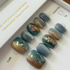 Geometric Cat Eye, Peacock Blue Press On Nails