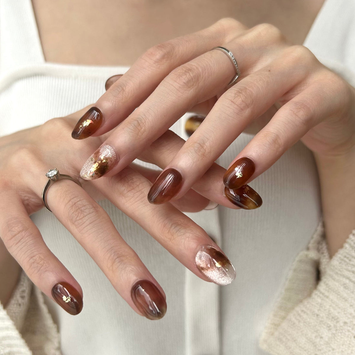 Gold Foil Cat Eye Amber Marble Press On Nails