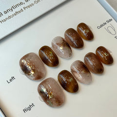 Gold Foil Cat Eye Amber Marble Press On Nails
