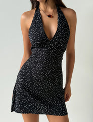 DYLAN HALTER MINI DRESS - BLACK POLKA