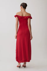 Allegra Off Shoulder Ruffle Midi Dress - Ruby