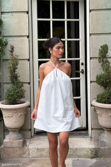 Sonja Keyhole Halter Cotton Mini Dress - White