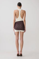 Mollie Mini Dress With Crochet Overlay - White/Chocolate